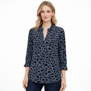 NIC+ZOE Indigo Multi Dot Print Blouse XS Polka Dot Split Neck Tie Waist Top NWT